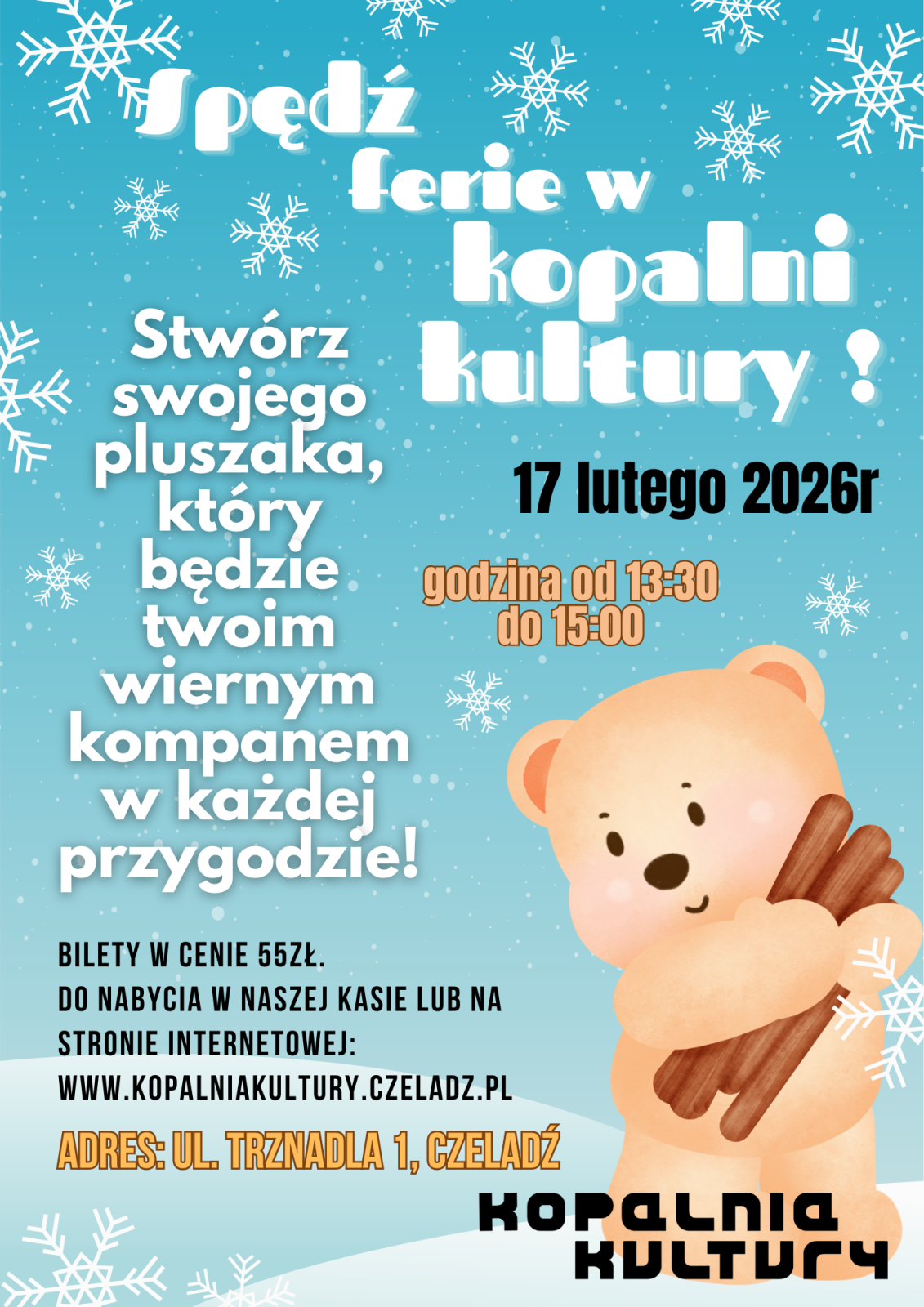 Kolorowy plakat z misiem ogłaszający warsztaty stwórz swojego misia podczas ferii w kopalni kultury